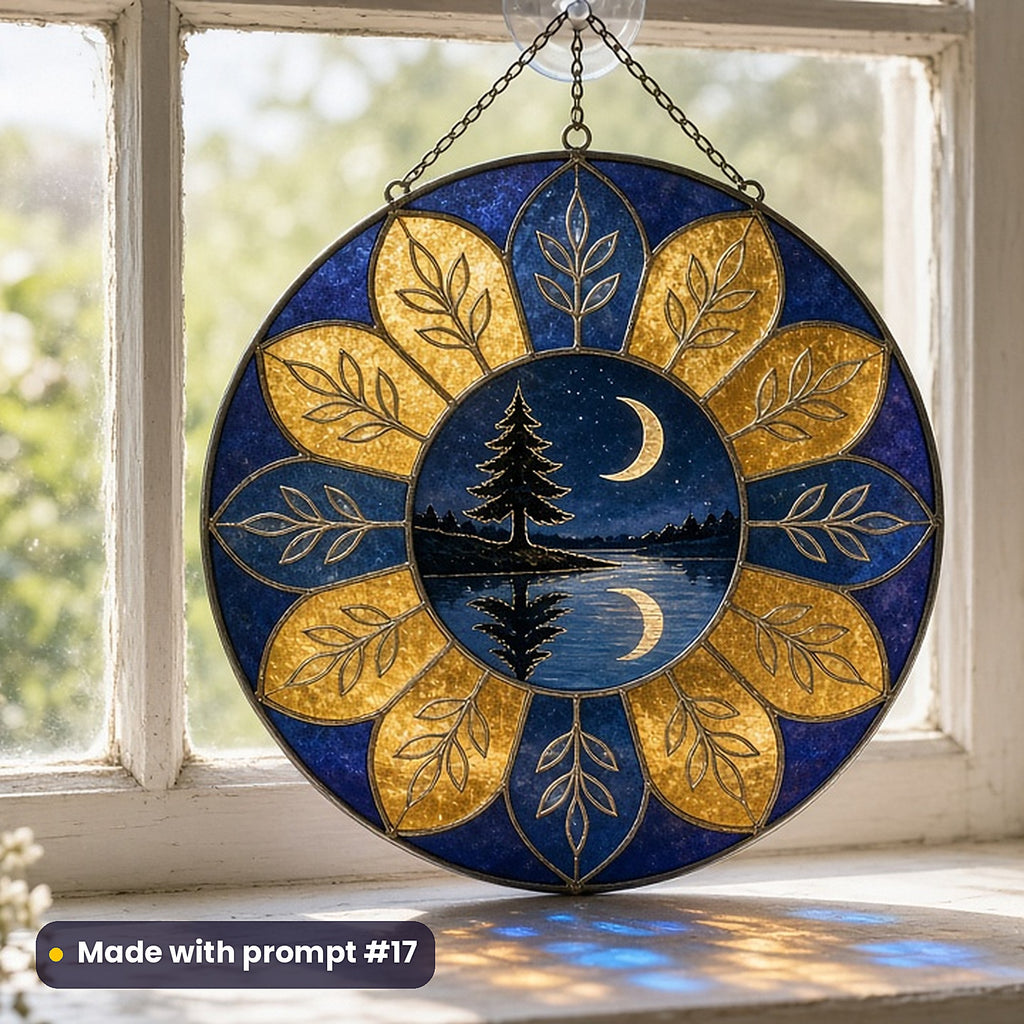 Lakes and Reflections stained glass prompt pack: UV-printed acrylic suncatcher in a window mockup, made with prompt #17