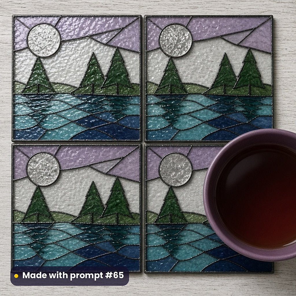Lakes and Reflections stained glass prompt pack: set of UV-printed glass coasters mockup, made with prompt #65