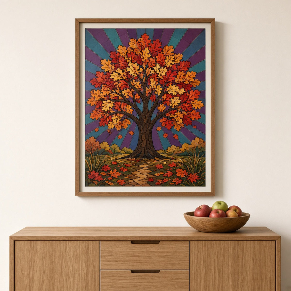 Autumn woodland printed flat on a framed print, made with prompt #9: a flame-red and orange oak tree on purple and teal Art Deco rays, hanging above an oak sideboard