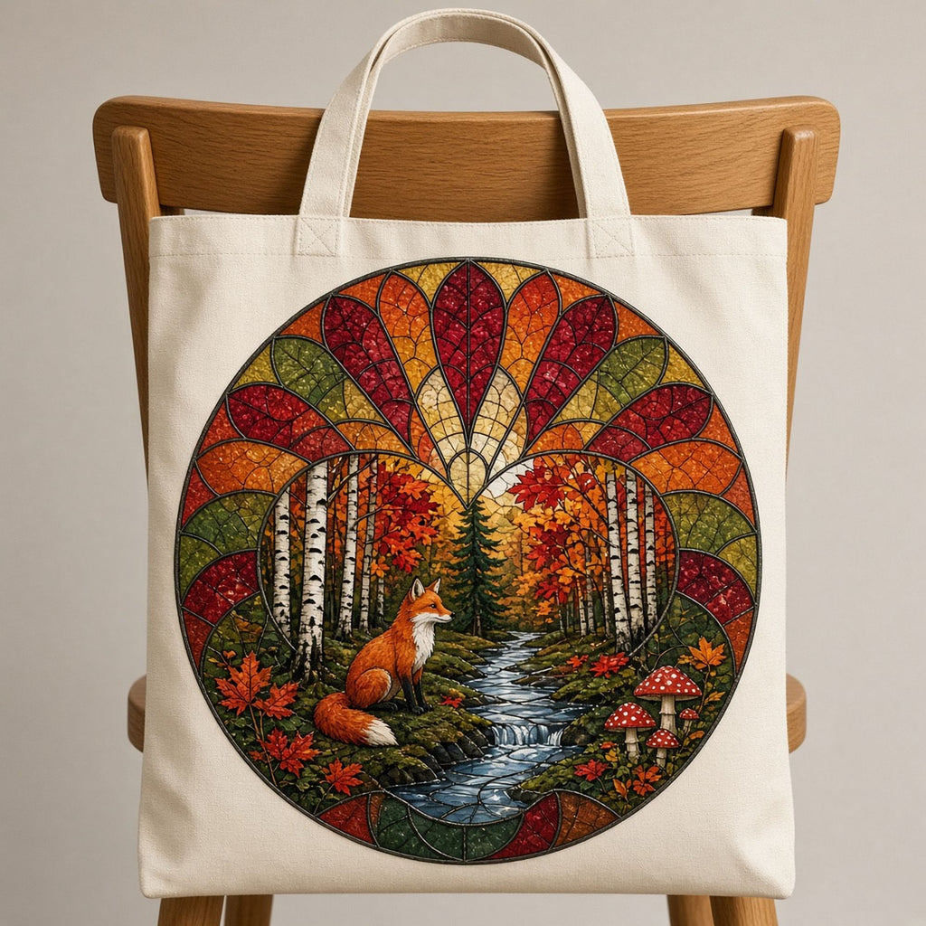 Autumn woodland printed flat on a tote bag, made with prompt #47: a rose-window circle of red and gold glass framing a fox by a stream between birch trees