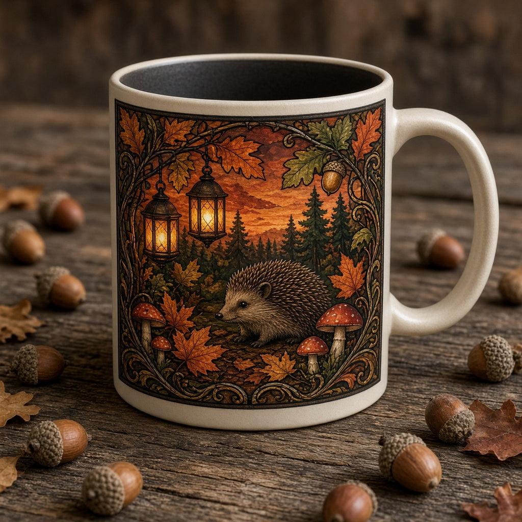 Autumn woodland printed flat on a mug, made with prompt #84: a hedgehog under glowing lanterns among red toadstools and autumn leaves