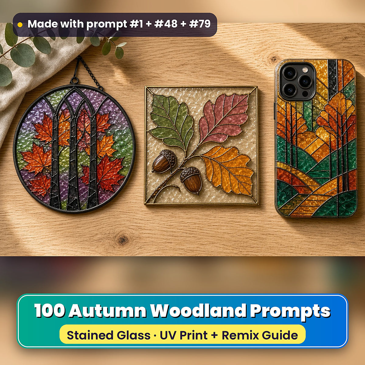 Autumn Woodland stained glass prompt pack: UV-printed suncatcher, coaster and phone case set mockup, made with prompt #1 + #48 + #79