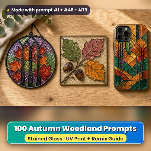 Autumn Woodland stained glass prompt pack: UV-printed suncatcher, coaster and phone case set mockup, made with prompt #1 + #48 + #79