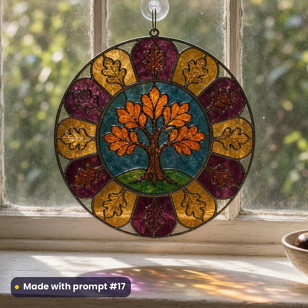 Autumn Woodland stained glass prompt pack: UV-printed acrylic suncatcher in a window mockup, made with prompt #17