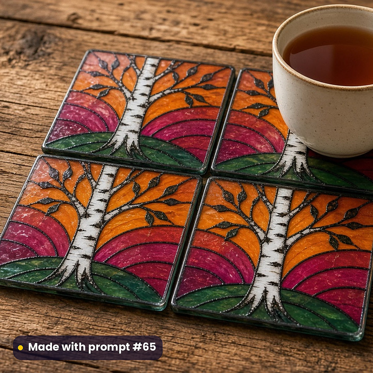 Autumn Woodland stained glass prompt pack: set of UV-printed glass coasters mockup, made with prompt #65