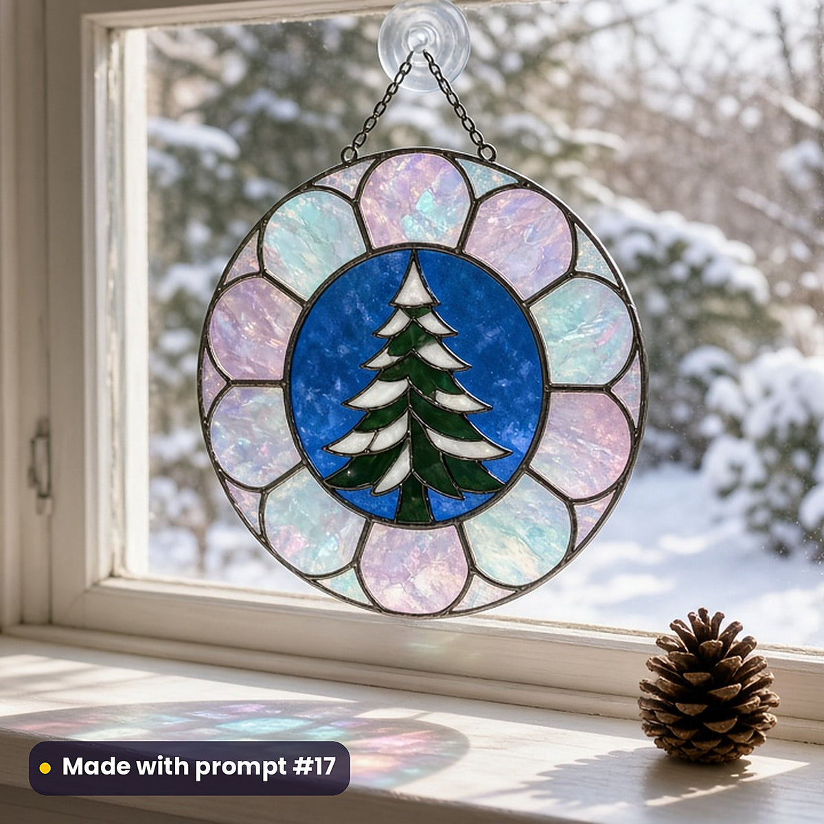 Snowy Forests stained glass prompt pack: UV-printed acrylic suncatcher in a window mockup, made with prompt #17