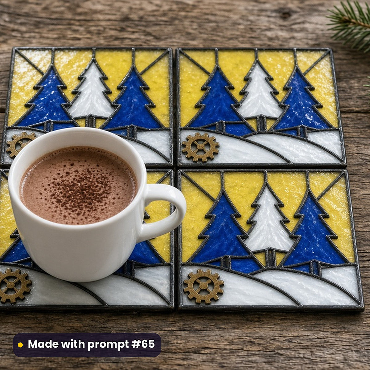 Snowy Forests stained glass prompt pack: set of UV-printed glass coasters mockup, made with prompt #65