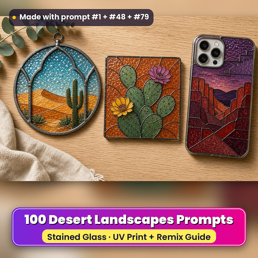 Desert Landscapes stained glass prompt pack: UV-printed suncatcher, coaster and phone case set mockup, made with prompt #1 + #48 + #79