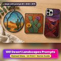Desert Landscapes stained glass prompt pack: UV-printed suncatcher, coaster and phone case set mockup, made with prompt #1 + #48 + #79