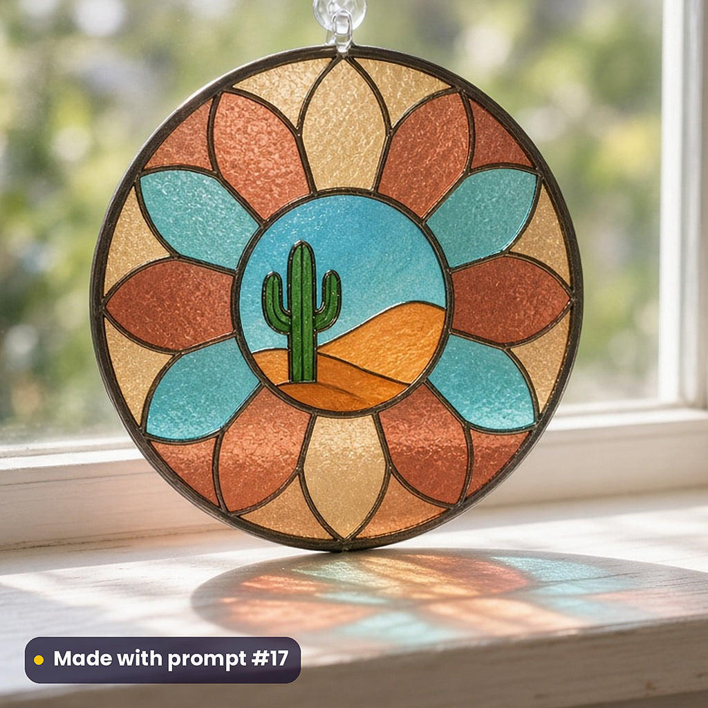 Desert Landscapes stained glass prompt pack: UV-printed acrylic suncatcher in a window mockup, made with prompt #17
