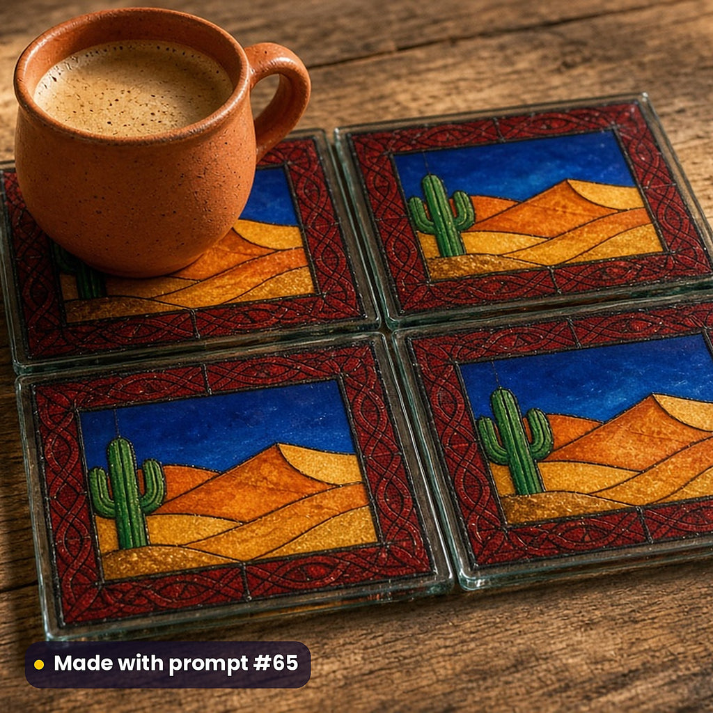 Desert Landscapes stained glass prompt pack: set of UV-printed glass coasters mockup, made with prompt #65
