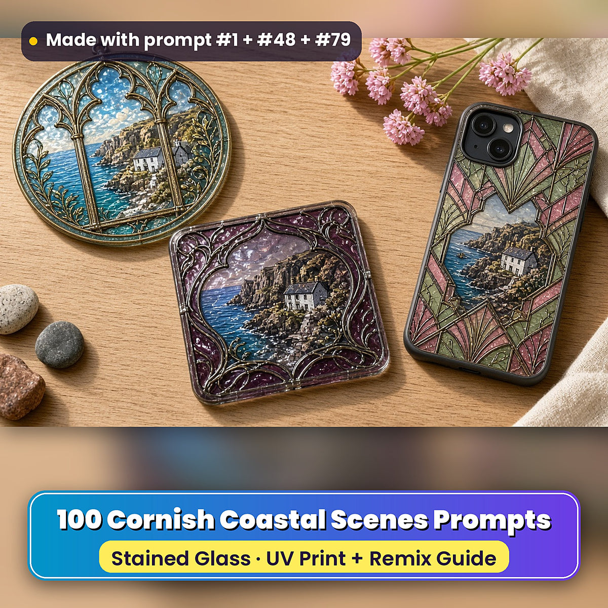 Cornish Coastal Scenes stained glass prompt pack: UV-printed suncatcher, coaster and phone case set mockup, made with prompt #1 + #48 + #79