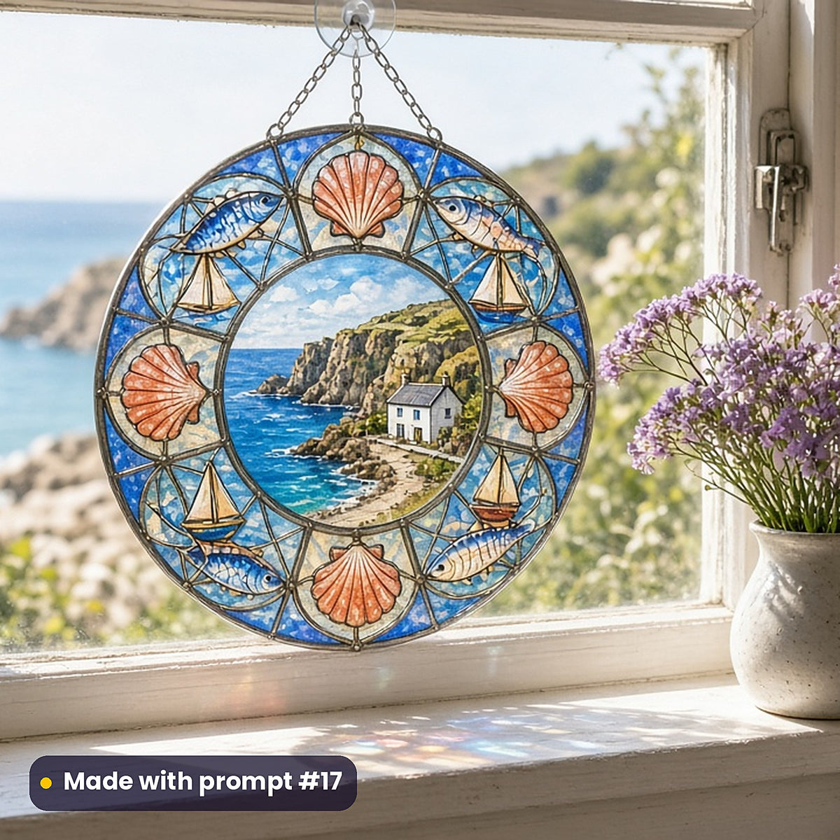 Cornish Coastal Scenes stained glass prompt pack: UV-printed acrylic suncatcher in a window mockup, made with prompt #17