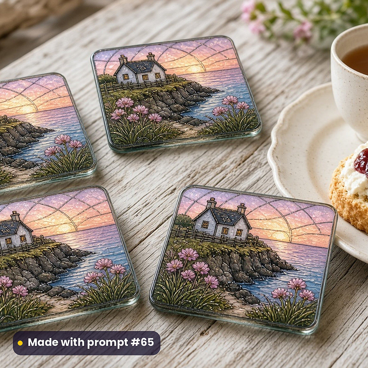 Cornish Coastal Scenes stained glass prompt pack: set of UV-printed glass coasters mockup, made with prompt #65