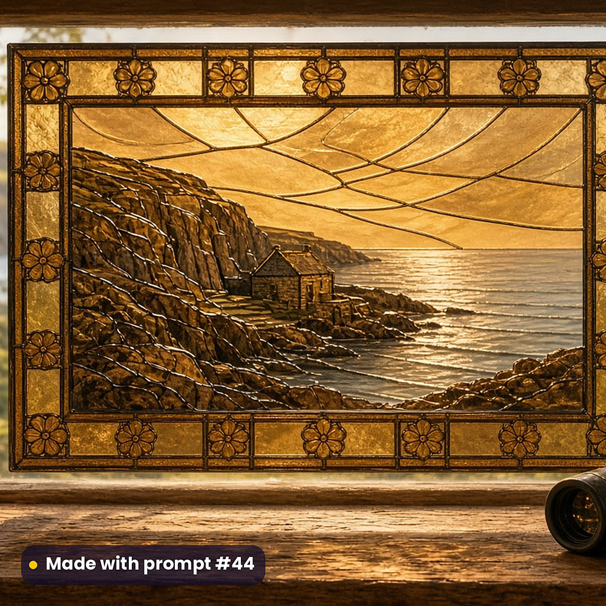 Cornish Coastal Scenes stained glass prompt pack: faux stained glass window panel mockup, made with prompt #44