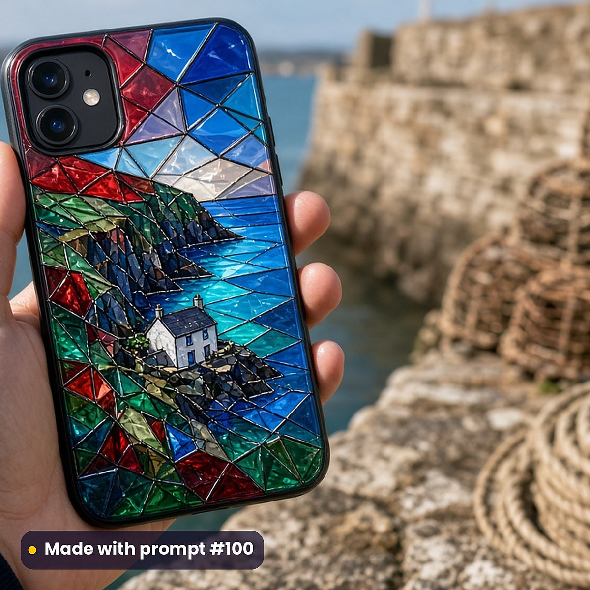 Cornish Coastal Scenes stained glass prompt pack: UV-printed phone case mockup, made with prompt #100