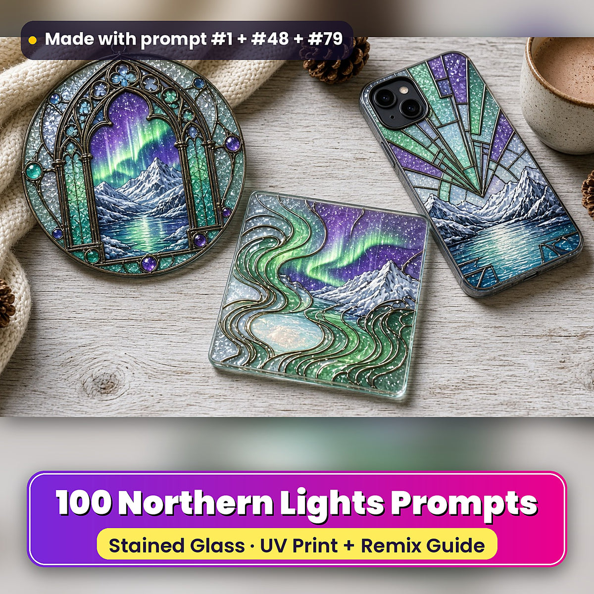 Northern Lights stained glass prompt pack: UV-printed suncatcher, coaster and phone case set mockup, made with prompt #1 + #48 + #79