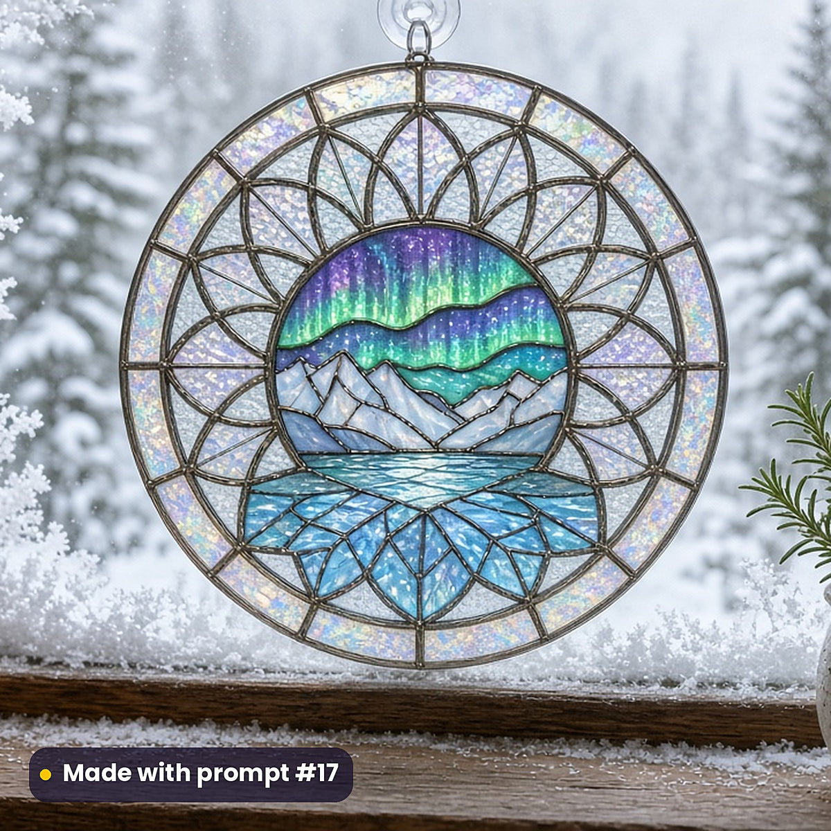 Northern Lights stained glass prompt pack: UV-printed acrylic suncatcher in a window mockup, made with prompt #17