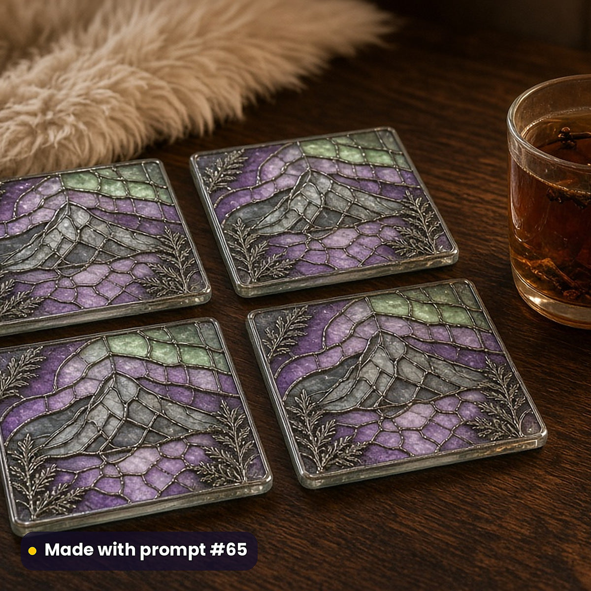 Northern Lights stained glass prompt pack: set of UV-printed glass coasters mockup, made with prompt #65
