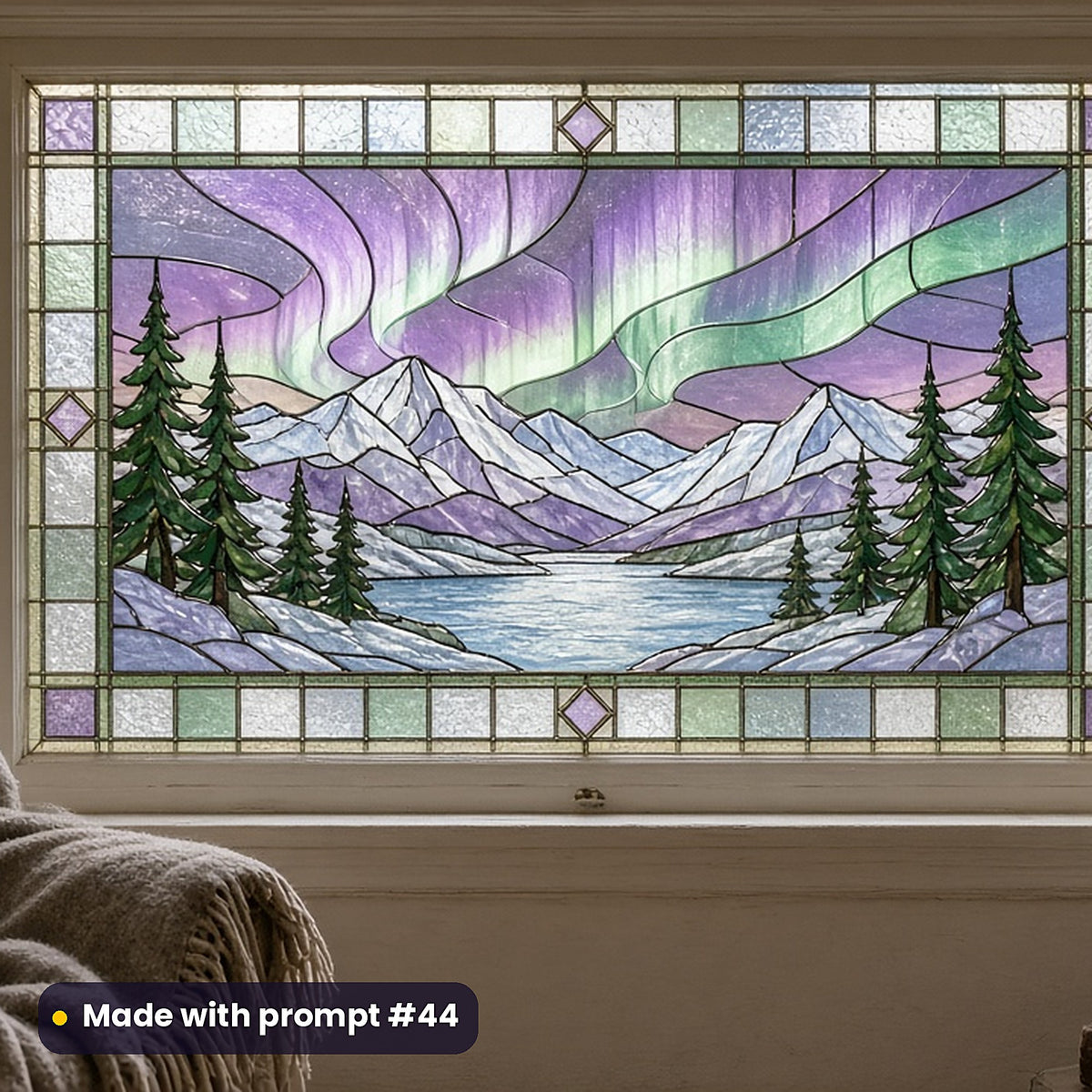 Northern Lights stained glass prompt pack: faux stained glass window panel mockup, made with prompt #44