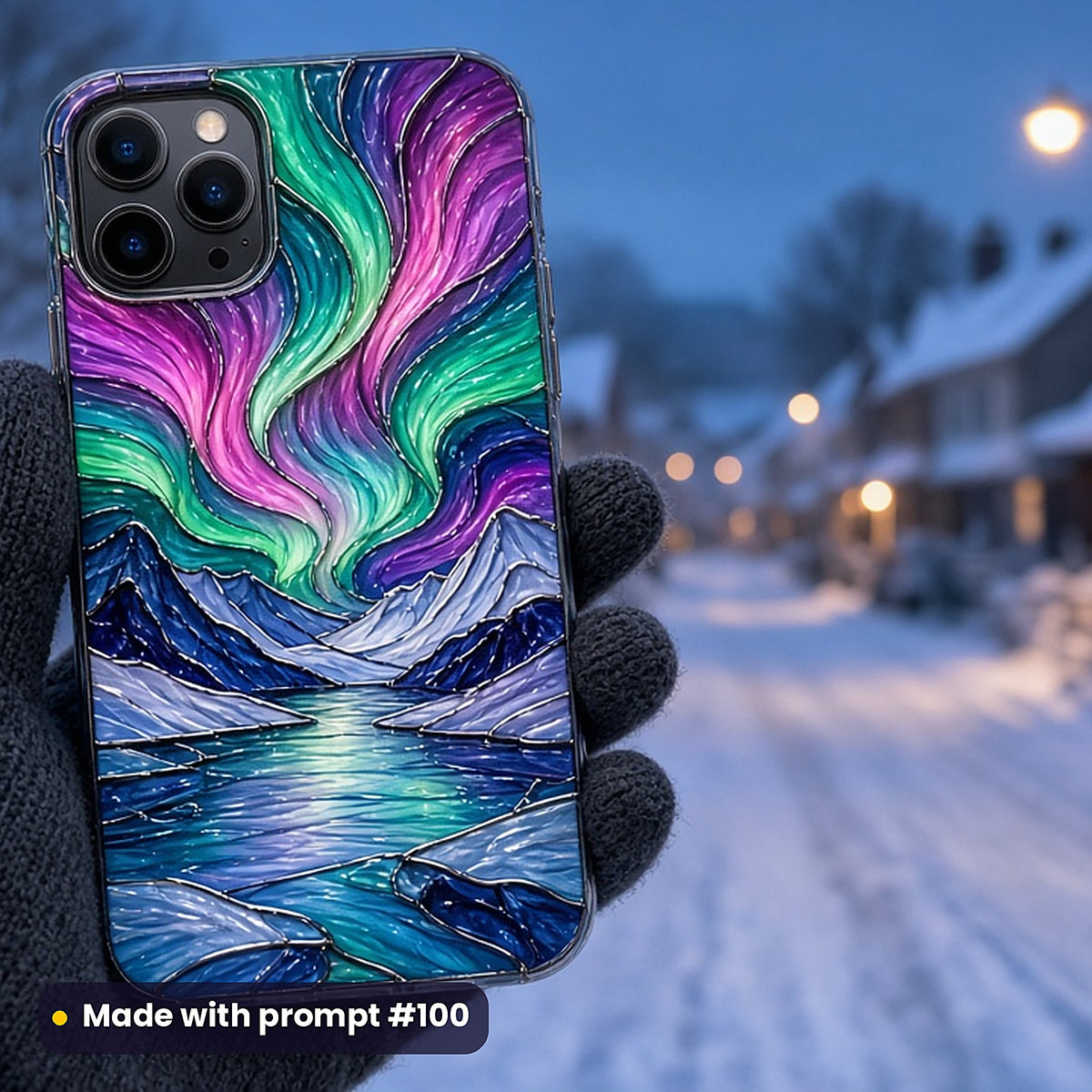 Northern Lights stained glass prompt pack: UV-printed phone case mockup, made with prompt #100