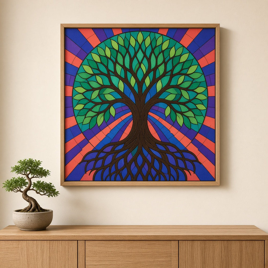 Tree of life printed flat on a framed print, made with prompt #9: a symmetrical tree with a round canopy of emerald and turquoise leaves and mirrored roots over sapphire, violet and coral Art Deco rays