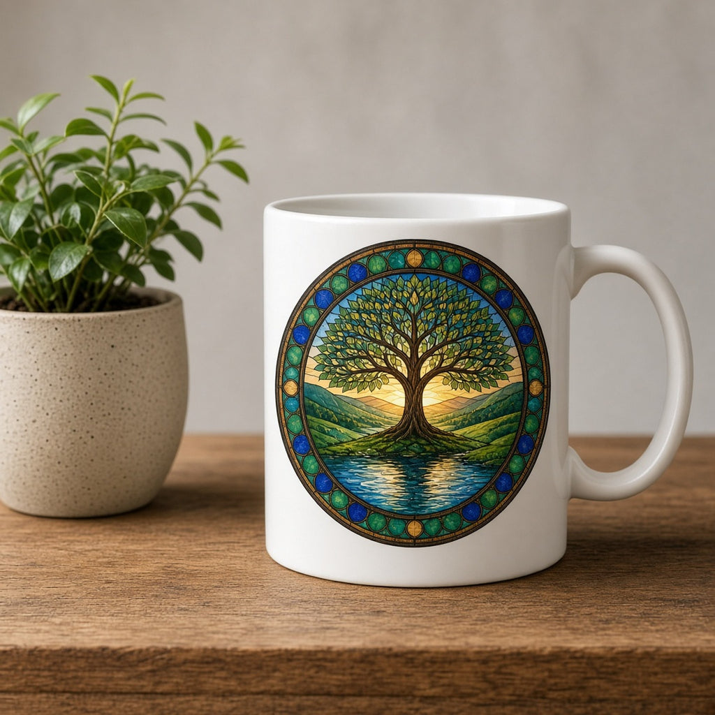 Tree of life printed flat on a mug, made with prompt #47: a spreading tree on a green hill above a rippled blue river at sunrise inside a jewelled rose-window ring
