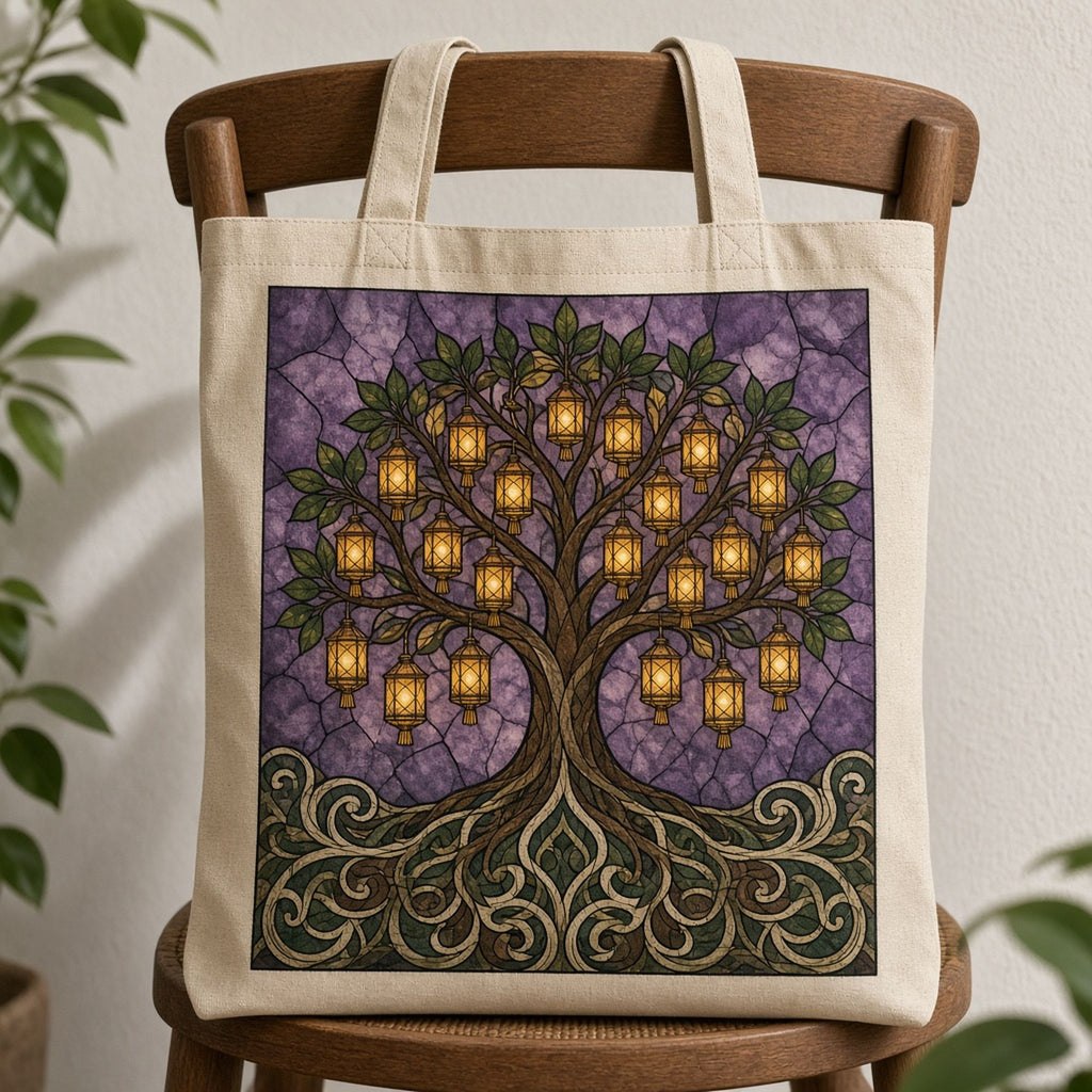 Tree of life printed flat on a tote bag, made with prompt #84: a tree of life hung with glowing amber lanterns against amethyst glass, its roots curling into swirling patterns