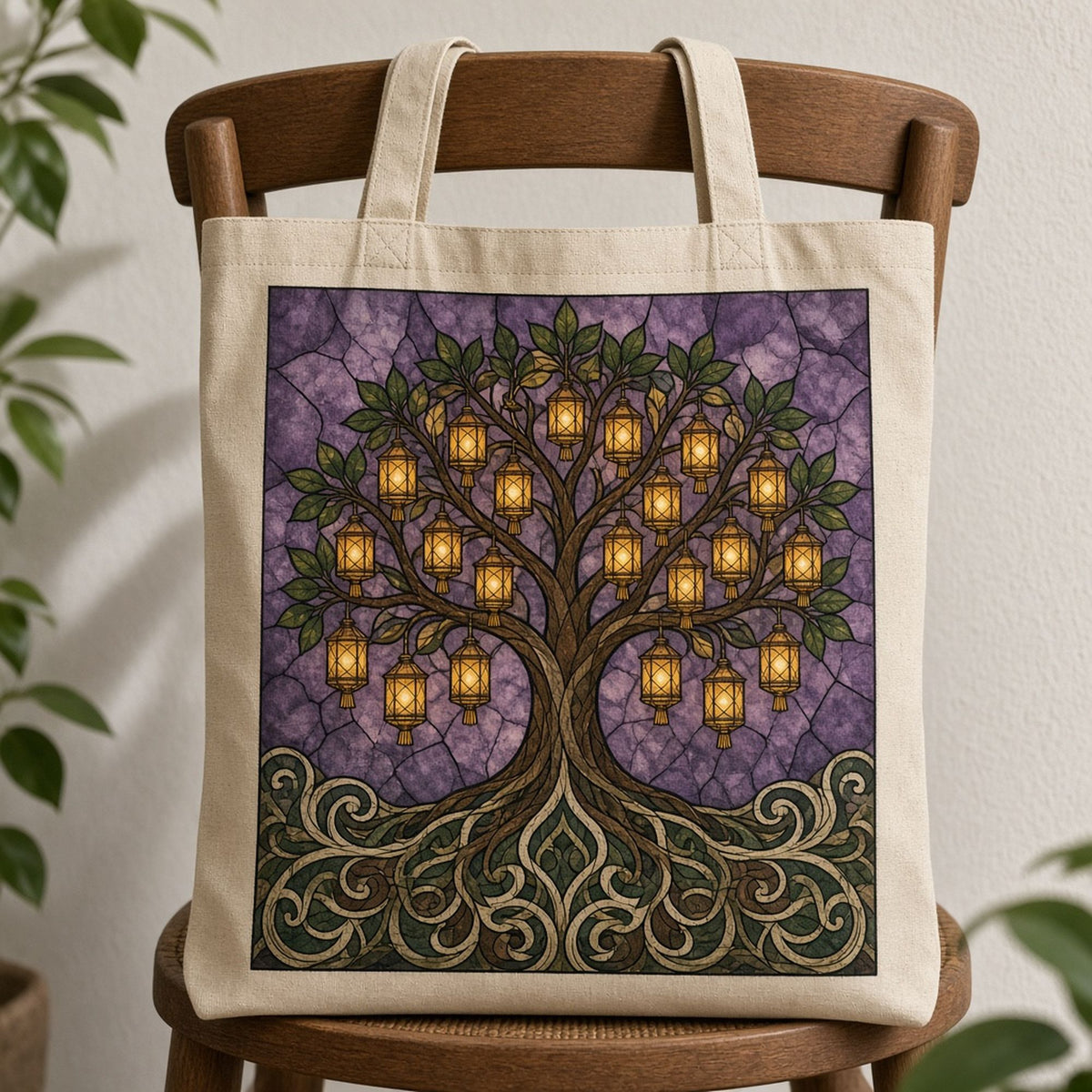 Tree of life printed flat on a tote bag, made with prompt #84: a tree of life hung with glowing amber lanterns against amethyst glass, its roots curling into swirling patterns