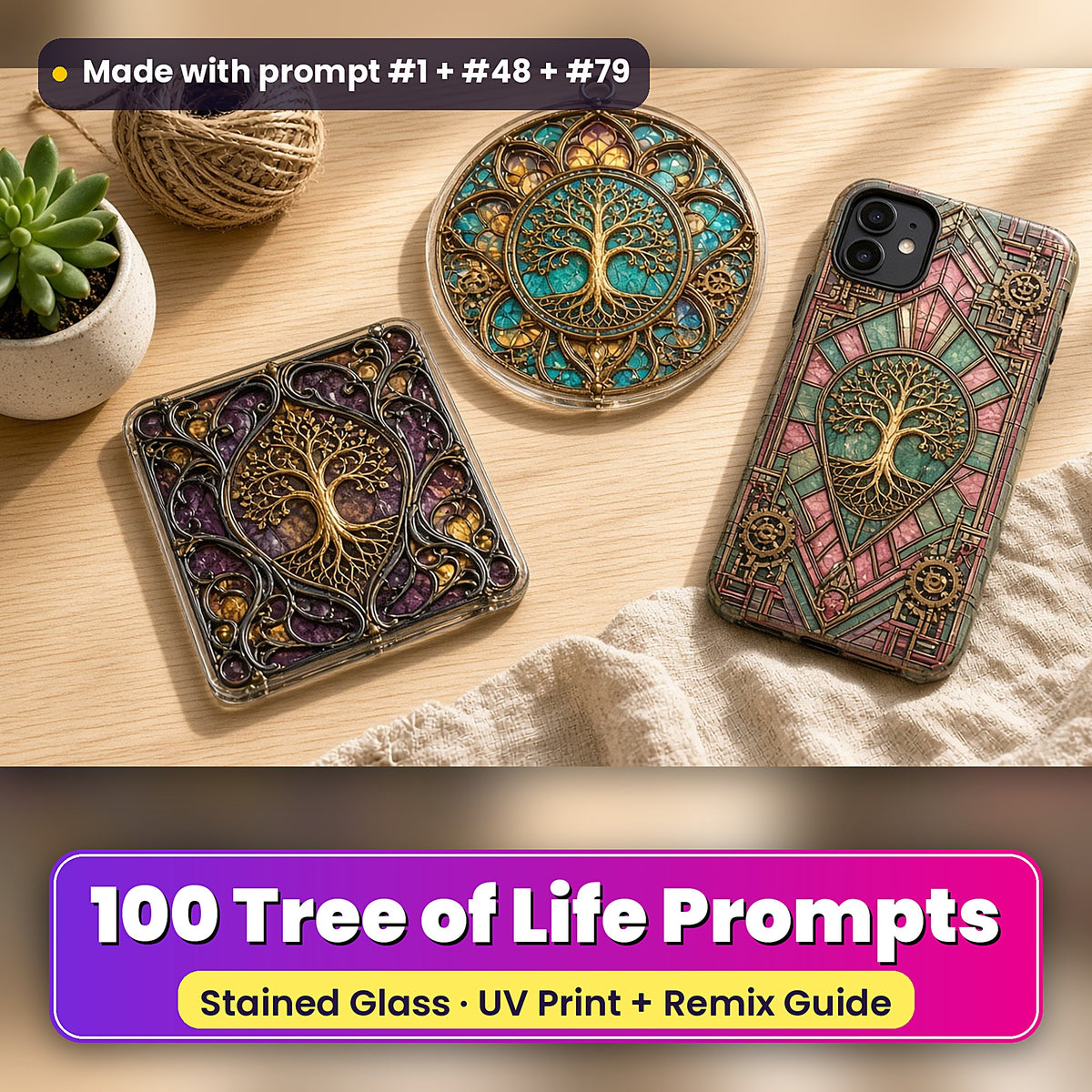 Tree of Life stained glass prompt pack: UV-printed suncatcher, coaster and phone case set mockup, made with prompt #1 + #48 + #79