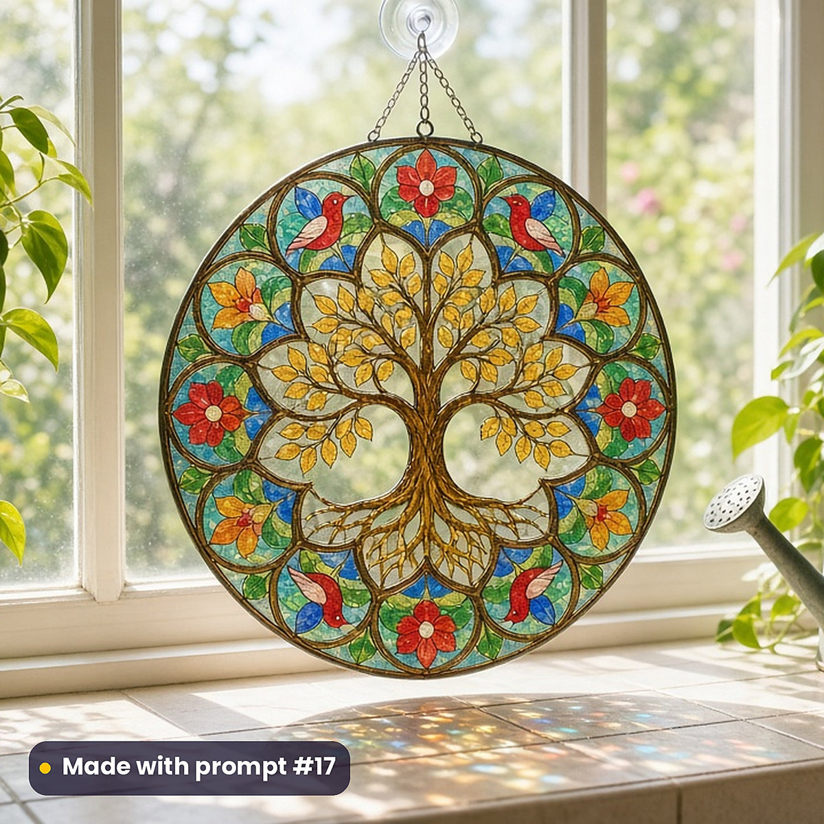 Tree of Life stained glass prompt pack: UV-printed acrylic suncatcher in a window mockup, made with prompt #17