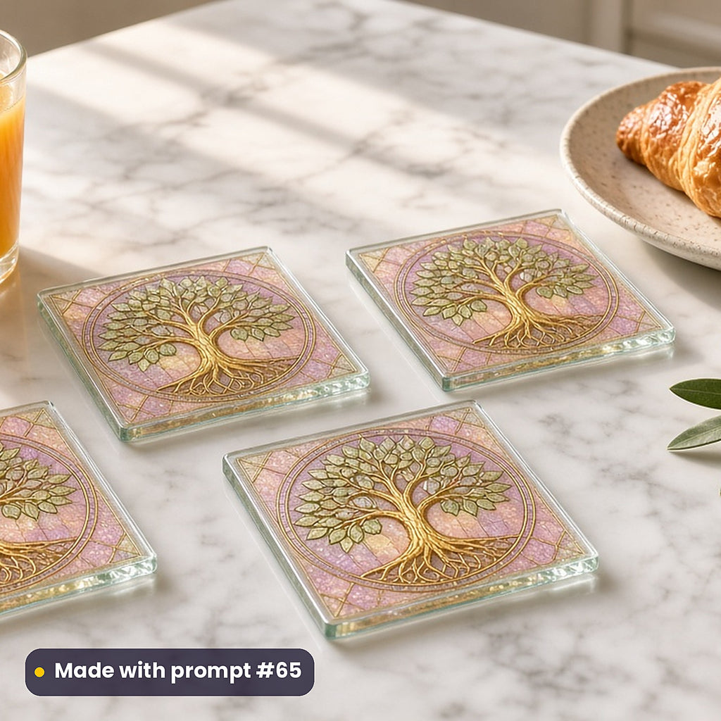 Tree of Life stained glass prompt pack: set of UV-printed glass coasters mockup, made with prompt #65