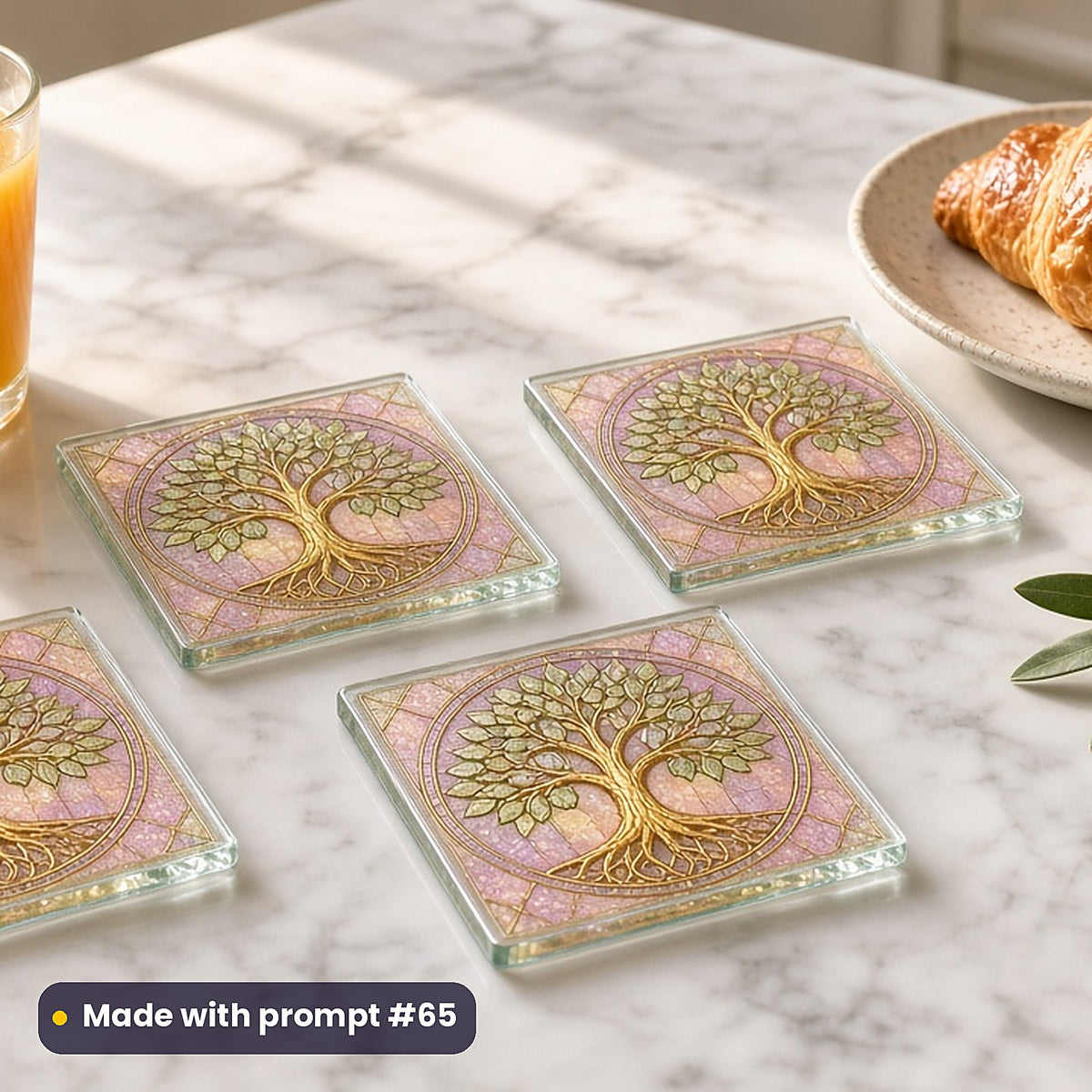 Tree of Life stained glass prompt pack: set of UV-printed glass coasters mockup, made with prompt #65