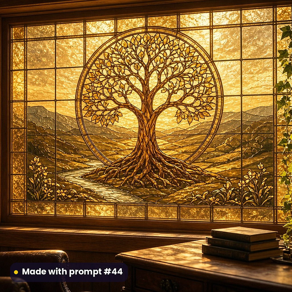 Tree of Life stained glass prompt pack: faux stained glass window panel mockup, made with prompt #44
