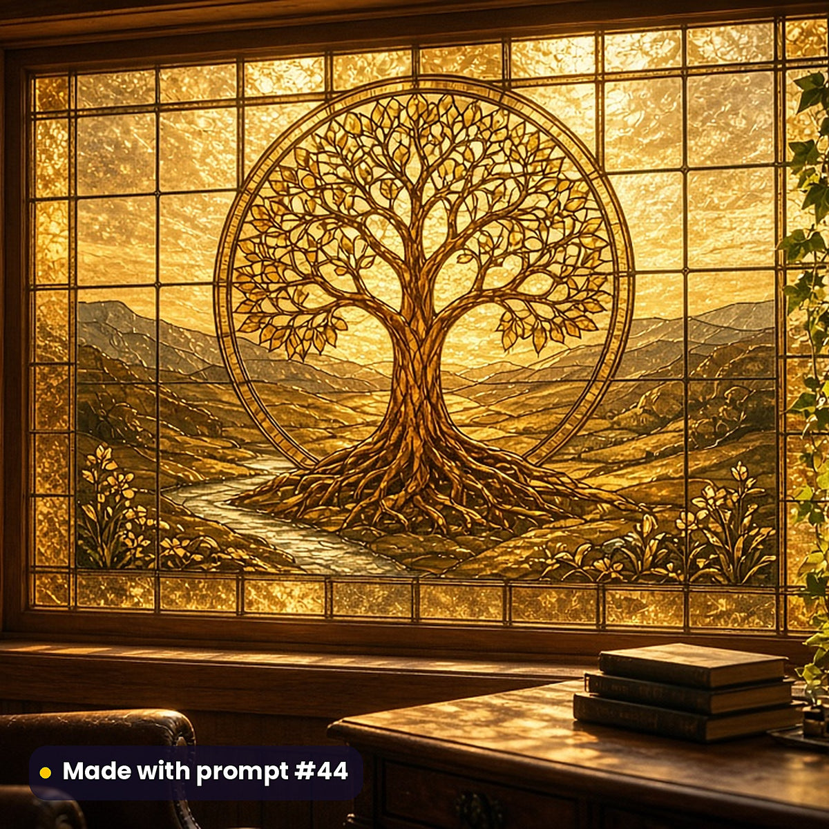 Tree of Life stained glass prompt pack: faux stained glass window panel mockup, made with prompt #44