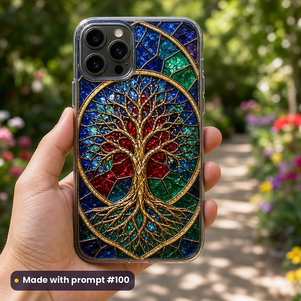 Tree of Life stained glass prompt pack: UV-printed phone case mockup, made with prompt #100
