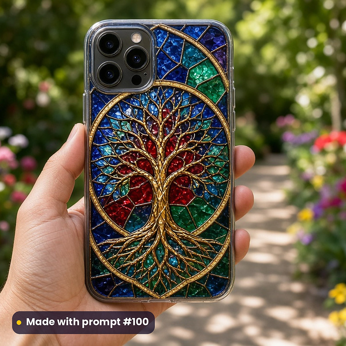 Tree of Life stained glass prompt pack: UV-printed phone case mockup, made with prompt #100