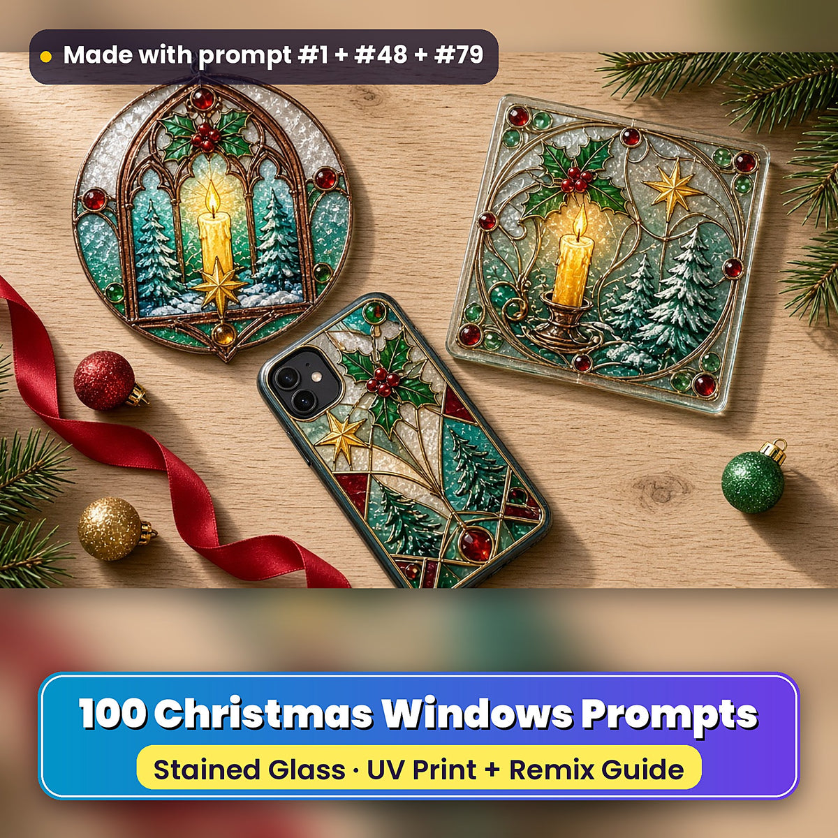 Christmas Windows stained glass prompt pack: UV-printed suncatcher, coaster and phone case set mockup, made with prompt #1 + #48 + #79