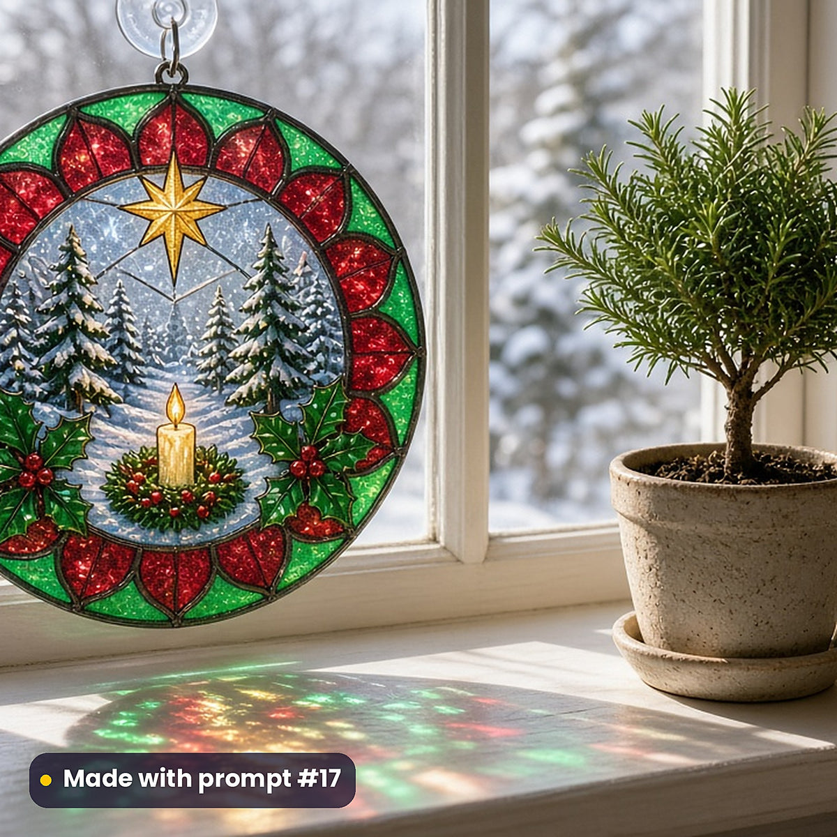 Christmas Windows stained glass prompt pack: UV-printed acrylic suncatcher in a window mockup, made with prompt #17
