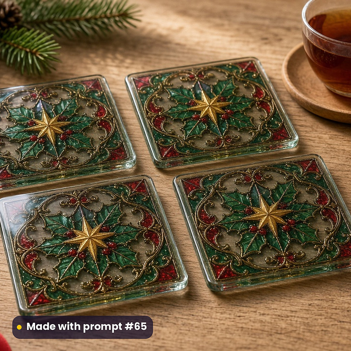Christmas Windows stained glass prompt pack: set of UV-printed glass coasters mockup, made with prompt #65