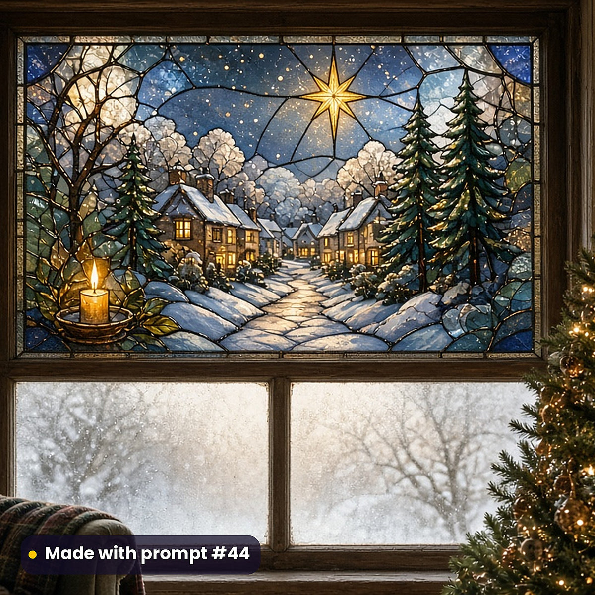 Christmas Windows stained glass prompt pack: faux stained glass window panel mockup, made with prompt #44
