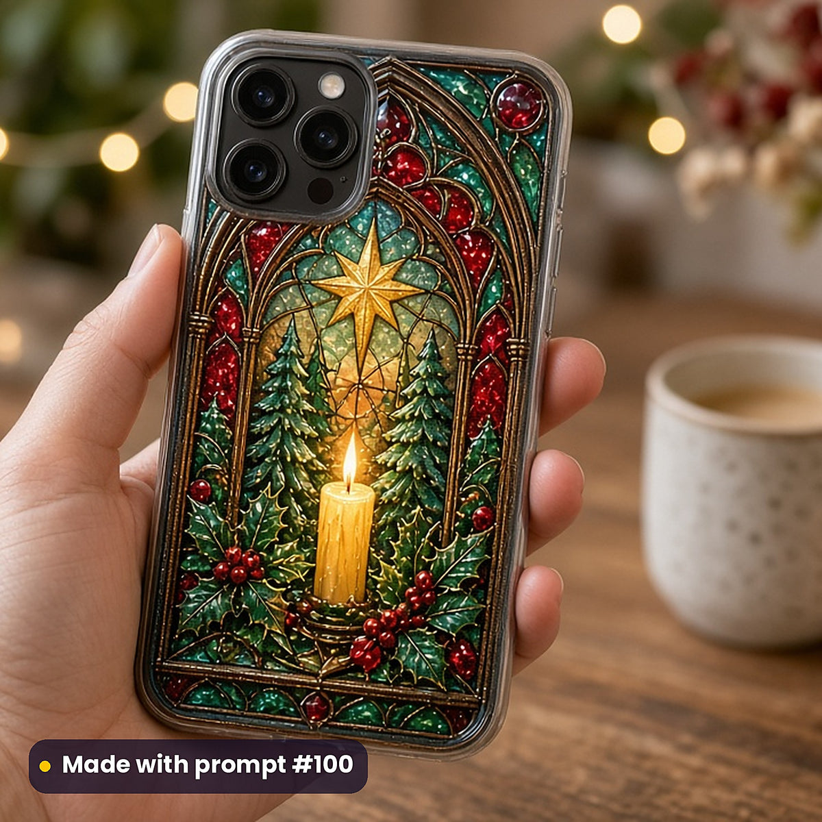 Christmas Windows stained glass prompt pack: UV-printed phone case mockup, made with prompt #100