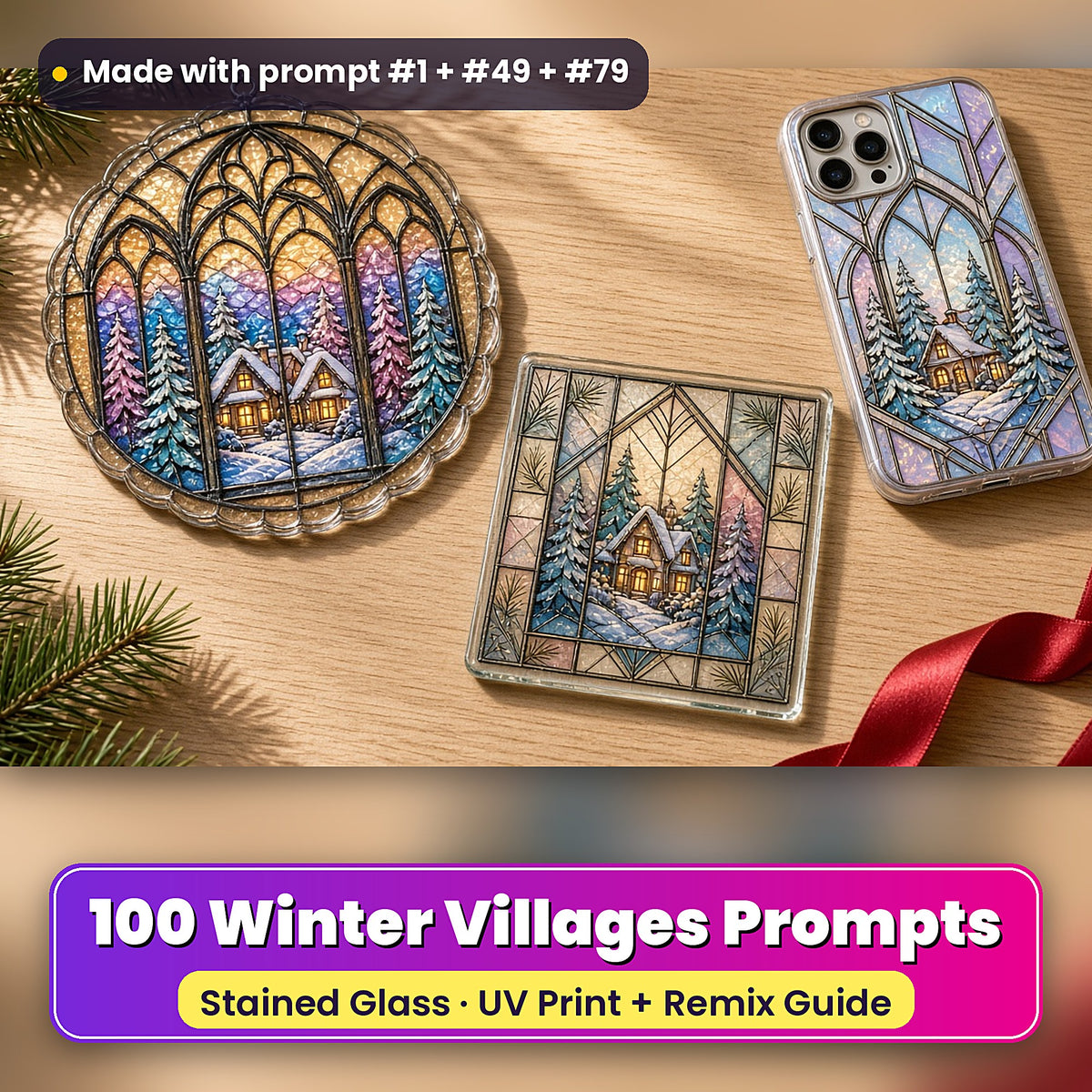 Winter Villages stained glass prompt pack: UV-printed suncatcher, coaster and phone case set mockup, made with prompt #1 + #49 + #79