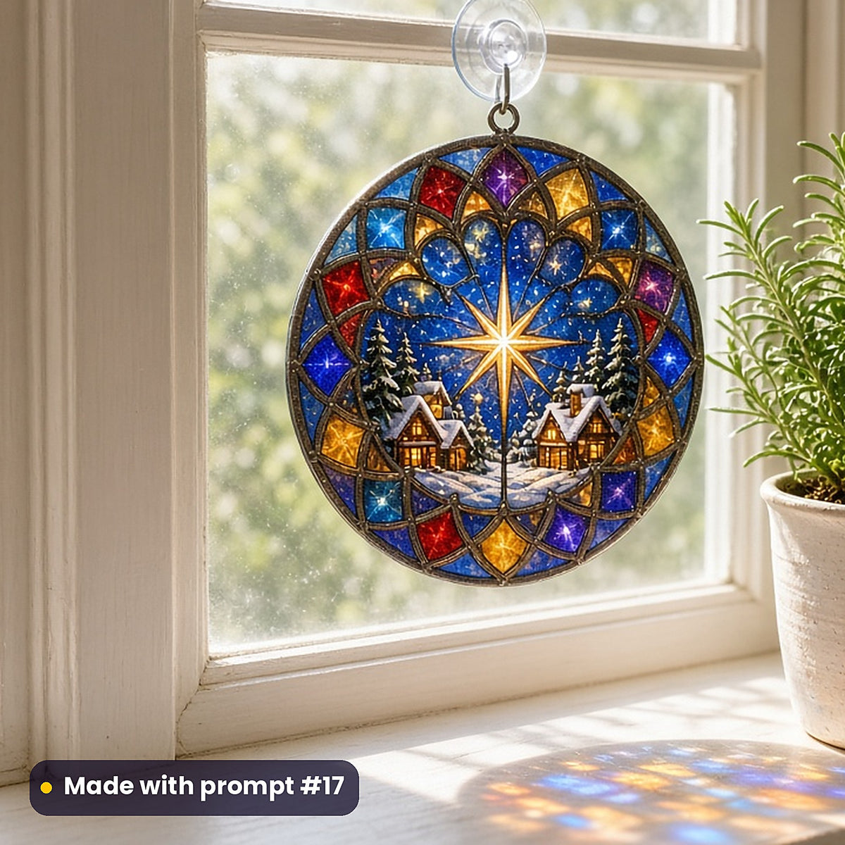 Winter Villages stained glass prompt pack: UV-printed acrylic suncatcher in a window mockup, made with prompt #17