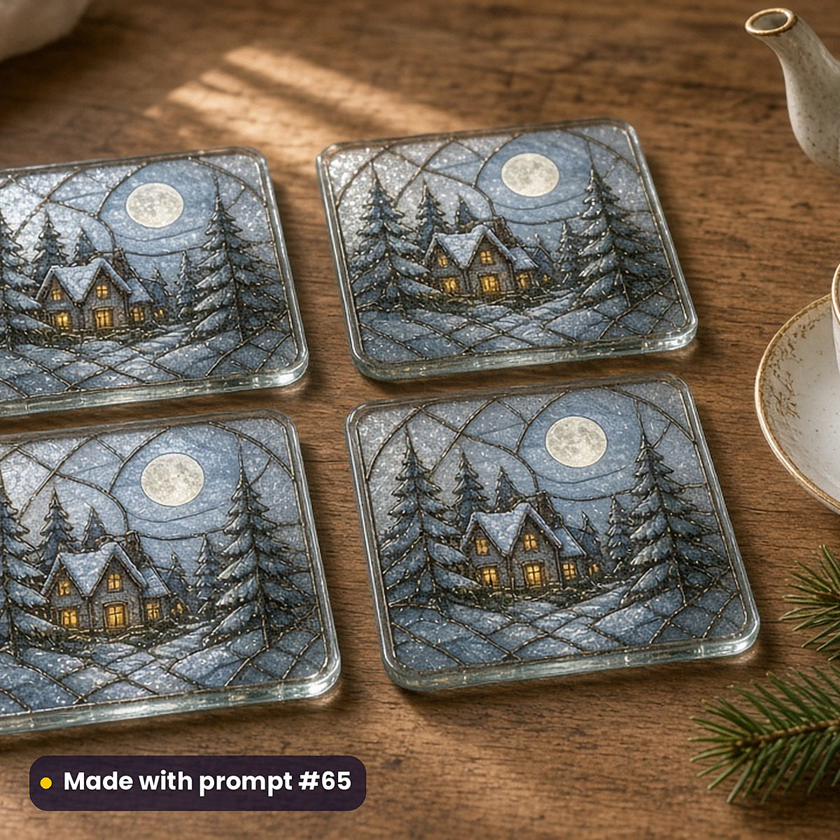 Winter Villages stained glass prompt pack: set of UV-printed glass coasters mockup, made with prompt #65