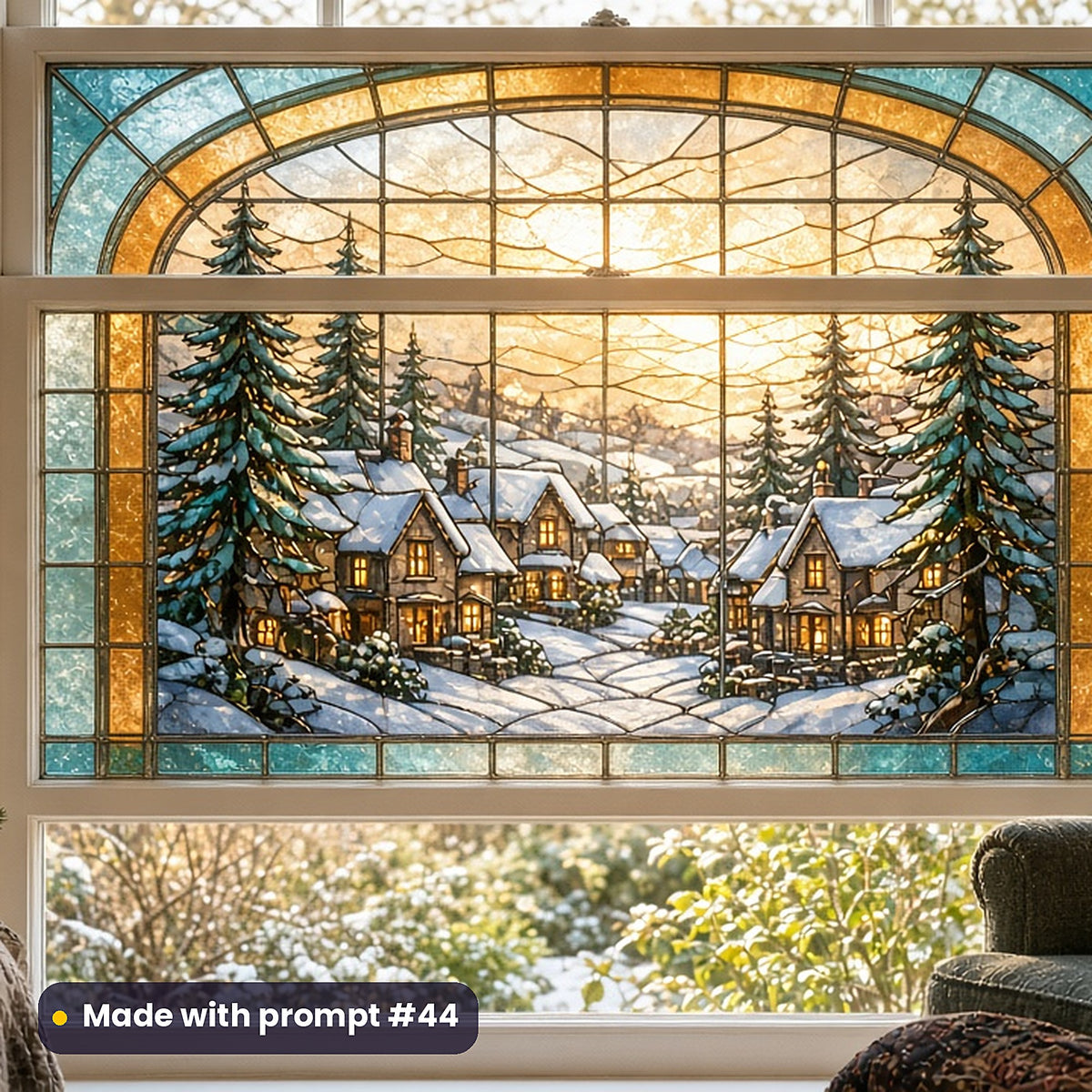 Winter Villages stained glass prompt pack: faux stained glass window panel mockup, made with prompt #44