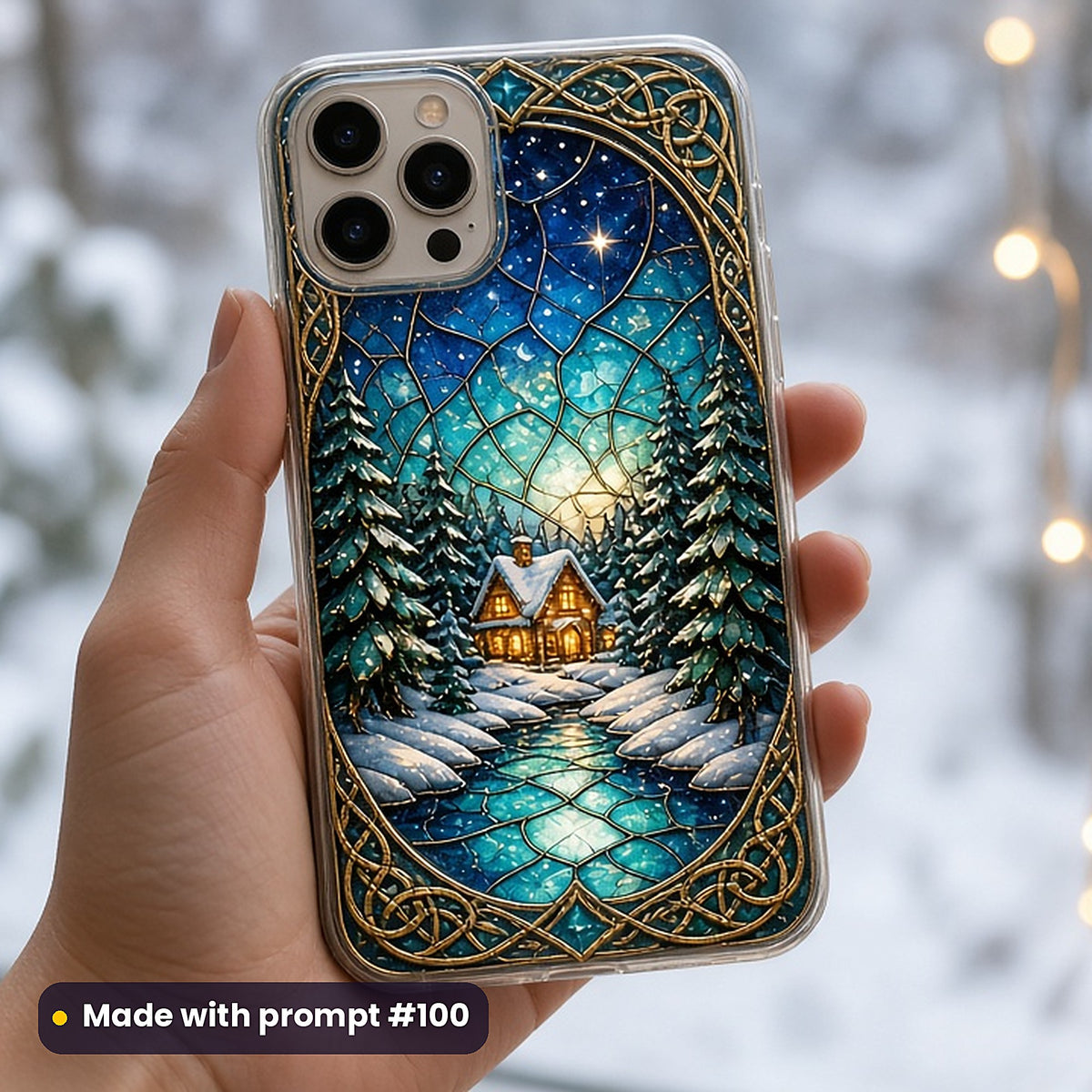 Winter Villages stained glass prompt pack: UV-printed phone case mockup, made with prompt #100