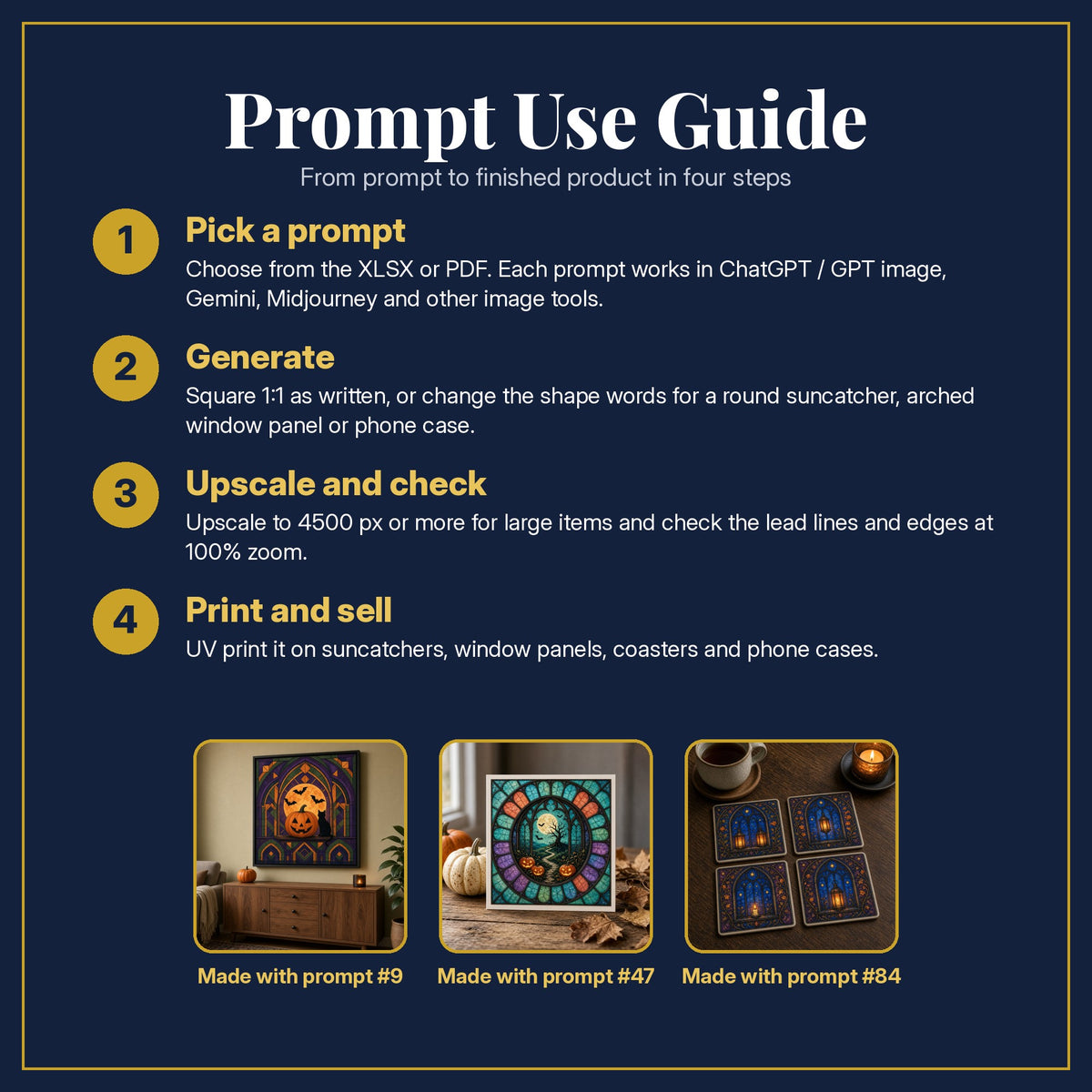 Prompt Use Guide for the Halloween Gothic Windows Stained Glass Prompt Pack: pick a prompt, generate, upscale and check, print and sell, with sample products made with the pack's prompts