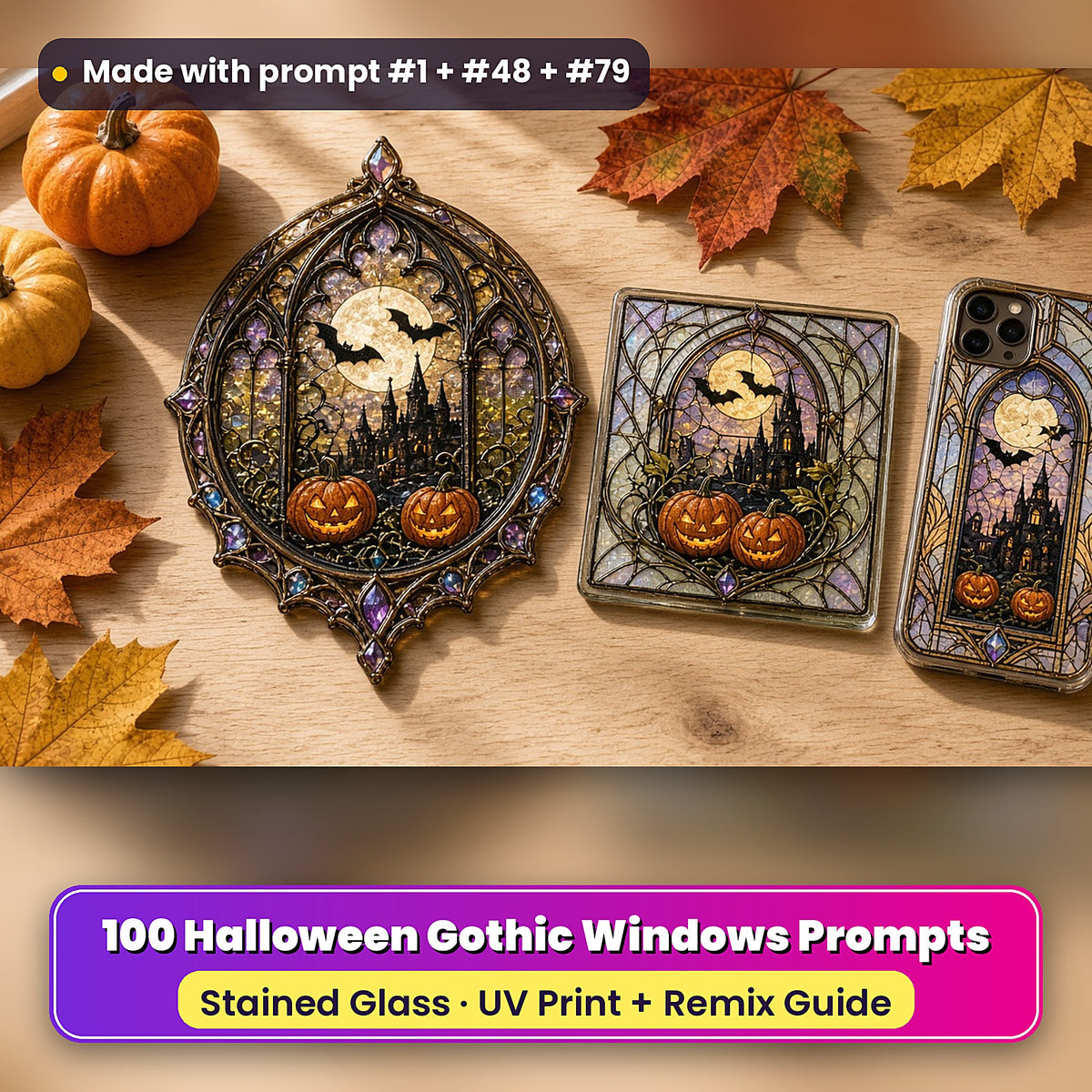 Halloween Gothic Windows stained glass prompt pack: UV-printed suncatcher, coaster and phone case set mockup, made with prompt #1 + #48 + #79