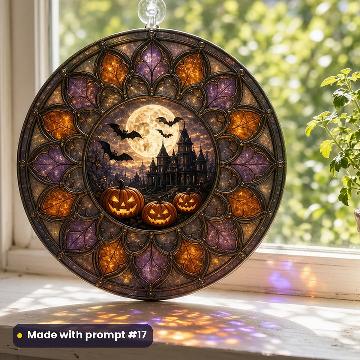 Halloween Gothic Windows stained glass prompt pack: UV-printed acrylic suncatcher in a window mockup, made with prompt #17